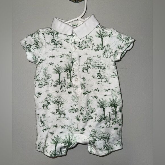 Janie and Jack Baby Tropical Toile Polo Romper Green and White Size 0-3months - Picture 3 of 6